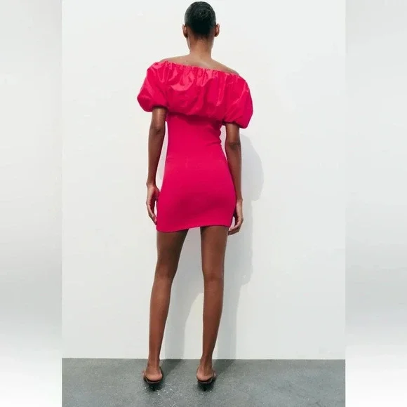 ZARA RASPBERRY OFF SHOULDER PINK MINI DRESS - Picture 6 of 10